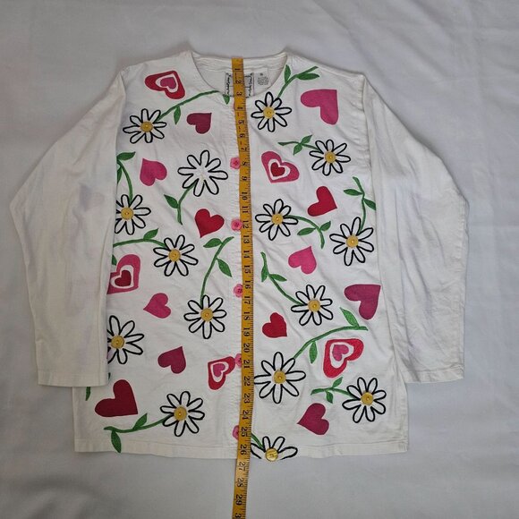 Michael Simon 100% Cotton Pink Red Embroidered Hearts Flowers Cardigan Medium - Picture 11 of 11